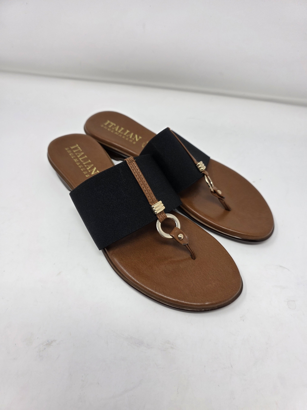 Italian Shoemakers Sandals Women’s 11 Black Tan Thong Slides Made in Italy